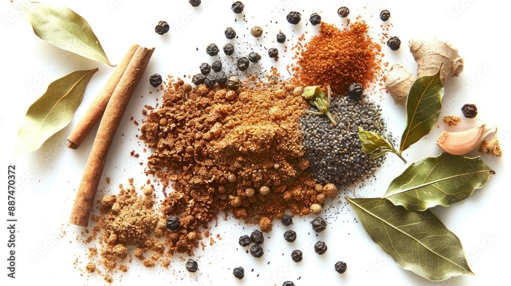 Poster a collection of various spices and spices arranged on a clean white surface