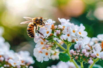 A close-up of a bee collecting nectar from white flowers.  The pollination process 