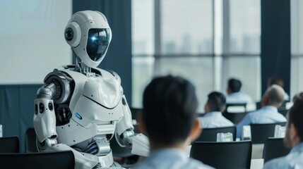Humanoid robot giving a presentation in a corporate setting with minimalist background