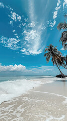 Waves crashing on sandy shore beneath palm trees