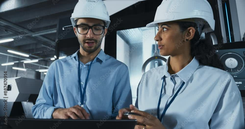 Fototapete female industrial engineer having a conversation with a young multiethnic technician at a manufactur