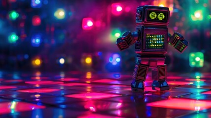 Retro robot dancing on a disco floor with colorful, retro lighting