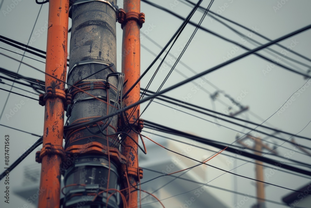 Poster a picture of an electrical pole with multiple wires and cables attached, used for transmitting elect