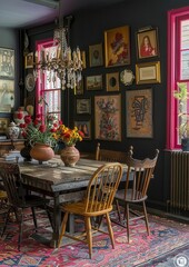Obraz premium Eclectic Dining Room A vibrant dining room with mismatched chairs, a colorful rug, and an eclectic mix of artwork. Add a vintage chandelier and a large dining table.