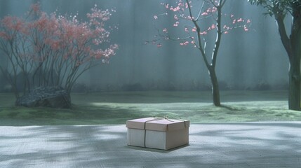   A box sits on the ground in front of a tree with pink flowers in a park