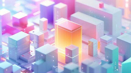 Obraz premium Abstract Futuristic 3D Render Minimalistic Style with Floating Geometric Shapes Isometric Design, Light Color Theme, Bright Background, and Soft Lighting