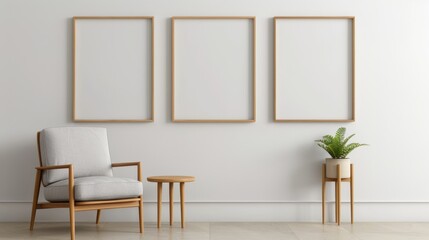 Minimalist living room interior with three blank picture frames, a comfortable armchair, small table, and a potted plant on a wooden stand.