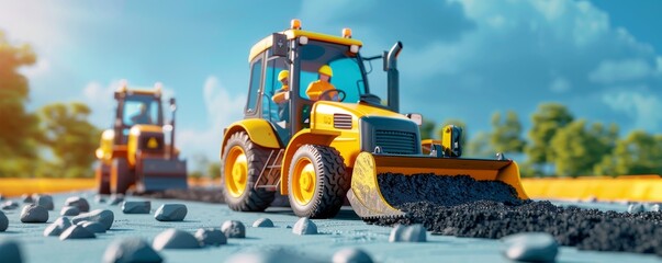 Obraz premium Busy Road Construction Site with Workers Paving Asphalt under Blue Sky