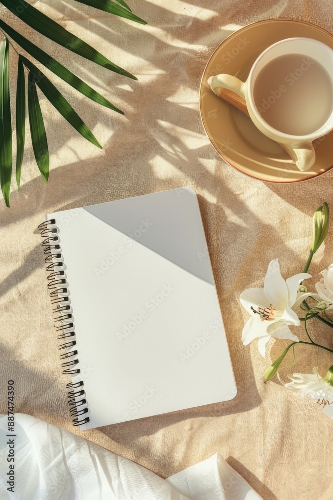 Poster A still life image featuring a cup of coffee and a notebook on a table
