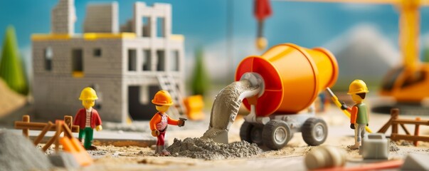 Busy Construction Site with Concrete Mixer in Action, Workers Pouring Cement, and Building Foundations Being Laid