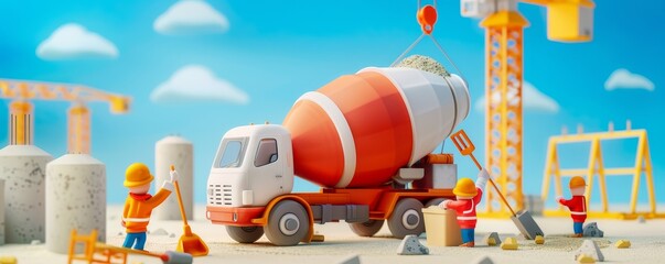 Busy Construction Site with Concrete Mixer Truck, Cement Pouring, and Steel Beam Assembly