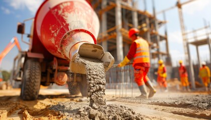 Construction Site Activity - Concrete Mixer Truck Pouring Cement with Workers in Safety Gear and Scaffolding in Background