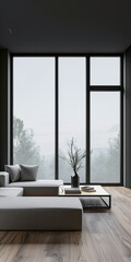 Fototapeta premium Contemporary living room interiors with minimalist furniture and neutral contrasting colors. Luxury realty composition with minimal furniture.