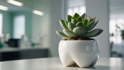 Ceramic flower pot in the form of a tooth in a dental clinic