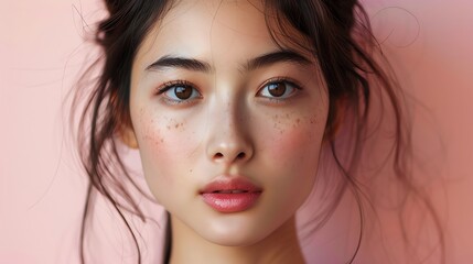 Close-up portrait of a young woman with natural makeup, delicate freckles, and messy hair, against a soft pink background.