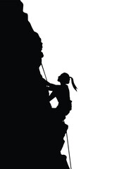 Girl climbs the cliff black and white silhouette