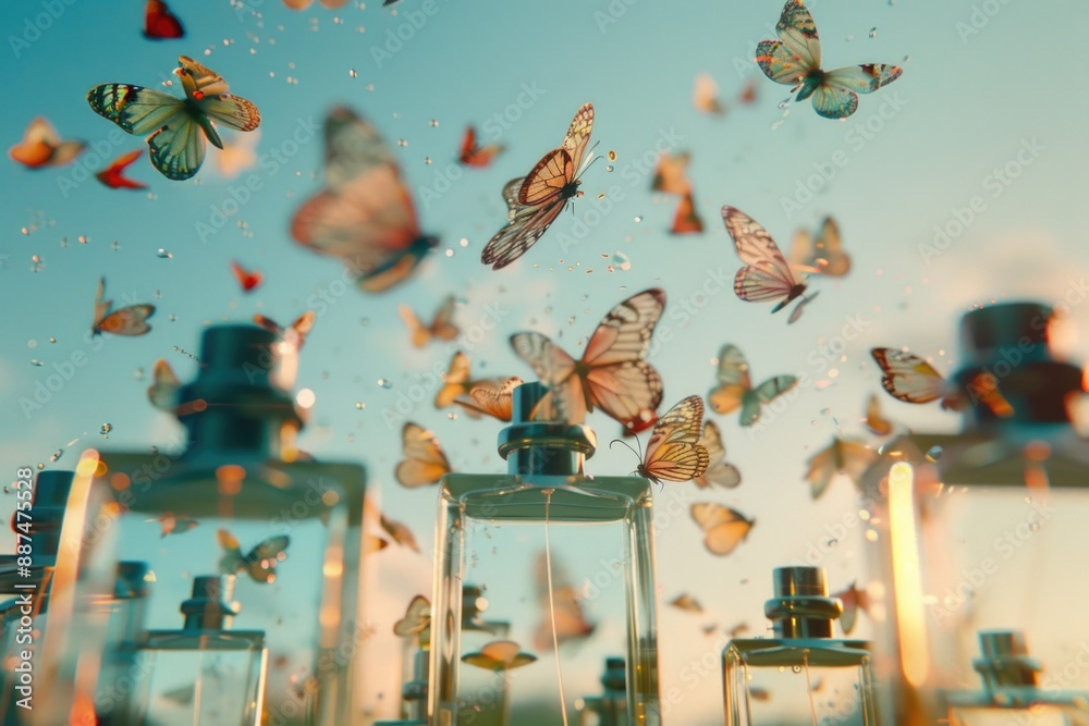 Poster a collection of perfume bottles surrounded by fluttering butterflies