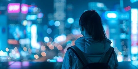 Obraz premium Citizens using smart city interfaces at night in futuristic setting. Concept Smart City Interfaces, Night Photography, Futuristic Setting, Urban Technology, Citizen Engagement