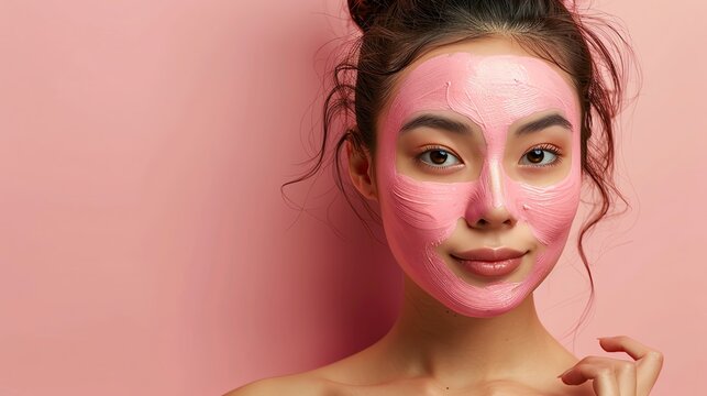 Young woman with a pink facial mask, demonstrating skincare routine against a pastel pink background, promoting wellness and beauty care.