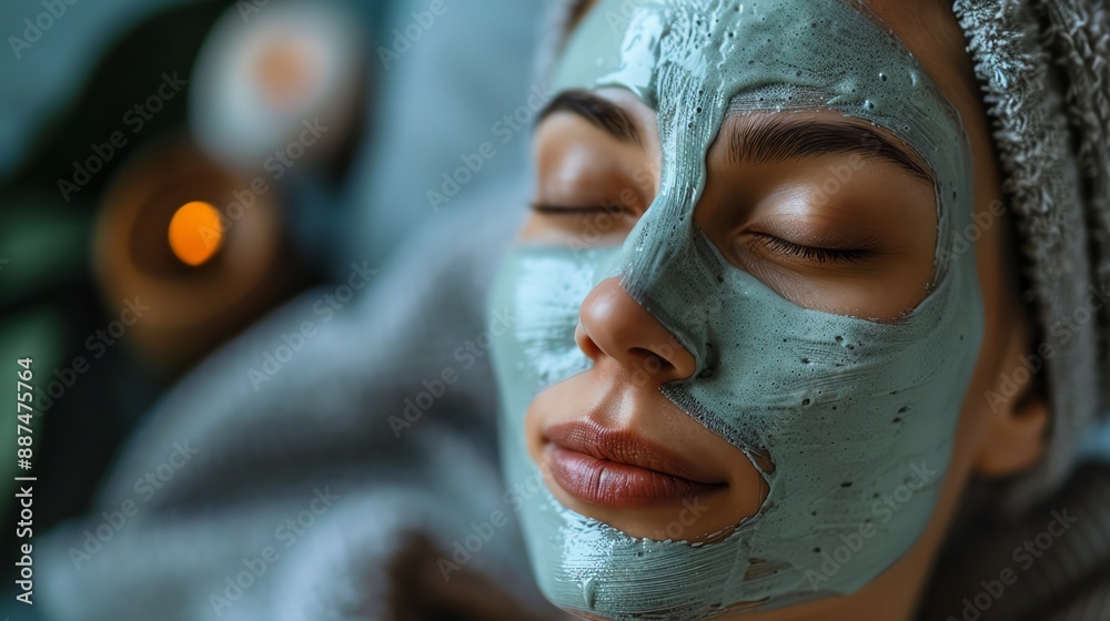 Wall mural woman relaxing with a rejuvenating facial mask in a serene spa setting. skincare treatment for relax