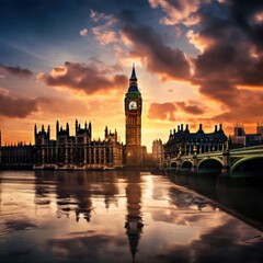 Obraz premium the AI Image Generator, Big Ben and Westminster palace at sunset in London, Great Britain
