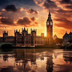 Obraz premium the AI Image Generator, Big Ben and Westminster palace at sunset in London, Great Britain