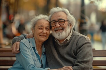 An elderly couple sitting on a park bench