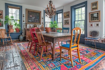 Fototapeta premium Eclectic Dining Room A vibrant dining room with mismatched chairs, a colorful rug, and an eclectic mix of artwork. Add a vintage chandelier and a large dining table.