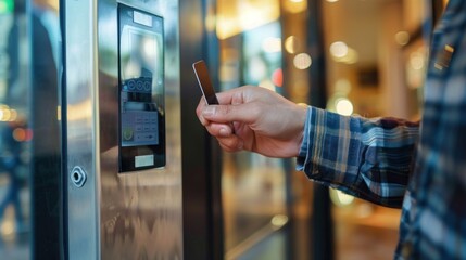 Man entering security code and swiping key card to unlock door