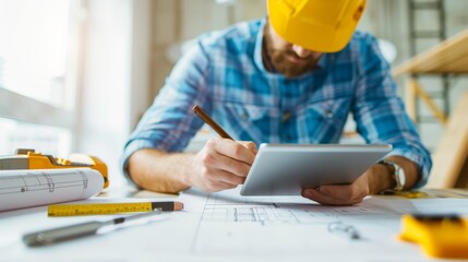 Professional Engineer Studying Construction Plans on Digital Tablet with Blueprint and Measuring Tools on Desk