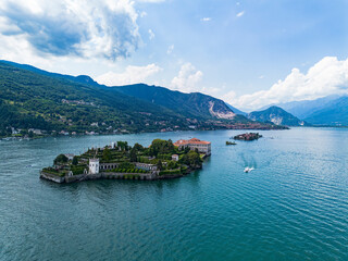 Aerial view of Borromeo islands on Lake Maggione
