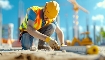 Construction Worker in Safety Vest Using Measuring Tape at Construction Site