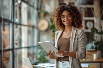 Obraz premium A young African American woman holding a tablet computer