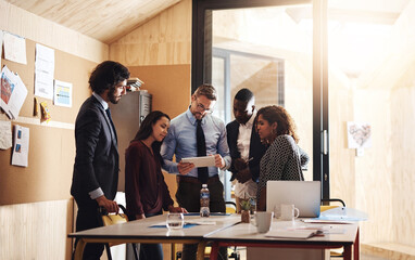Business, people and tablet with meeting in office for research, planning and information of...