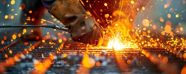 Intense Welding Sparks Flying on Busy Construction Site