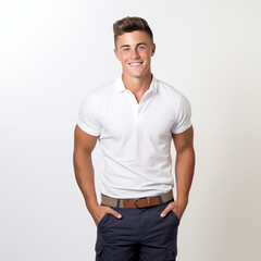 Fototapeta premium Smiling Young Man In White Polo Shirt And Navy Cargo Shorts Isolated On White Background