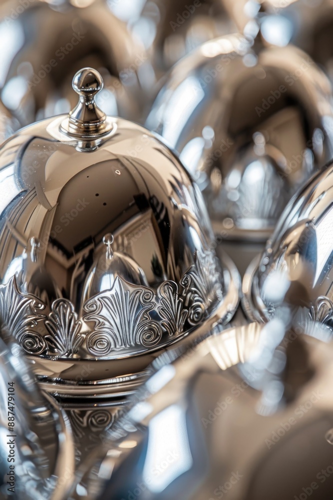 Poster a close-up view of a shiny silver bell sitting on a flat surface