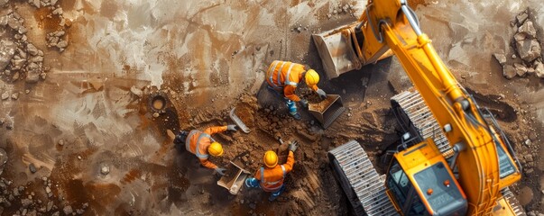 Busy Construction Site: Detailed Excavation with Heavy Equipment, Workers, and Foundation Layout