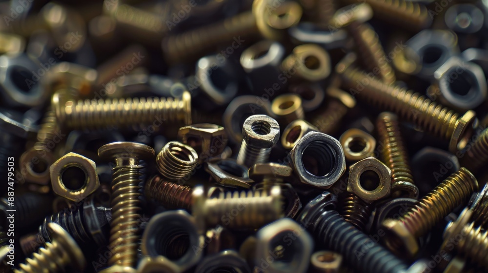 Poster A collection of screws and nuts piled high, ideal for use in various DIY projects or as a decorative display