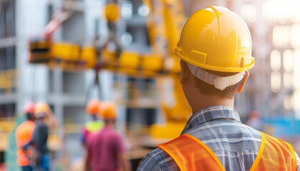 Skilled Crane Operator Lifting Steel Beams on Construction Site with Workers in Background