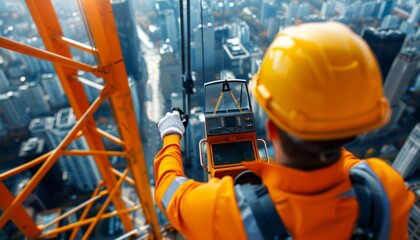 Construction Worker Operating Crane on a Construction Site