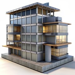 3D Render of a Mixed-Use Building, on isolated white background, Generative AI