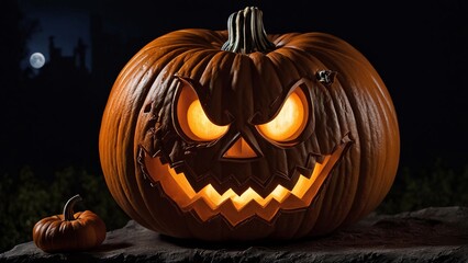 Obraz premium A joyfully macabre pumpkin grins mischievously in the moonlight on a chilling autumn night