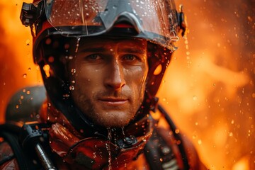 Firefighter in full gear extinguishing fire with water hose under bright daylight