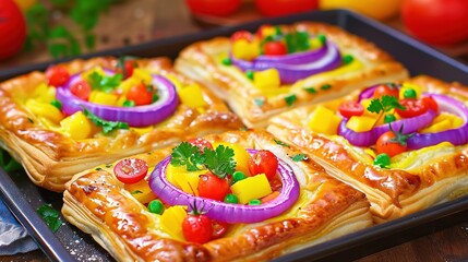 Fototapeta premium A close-up image of a pizza tray with multiple toppings on each slice