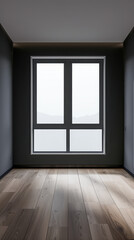 Fototapeta premium Large window in an empty apartment room in dark tone, with no furniture and copy space. Minimalist interiors design composition for Real Estate advertising.
