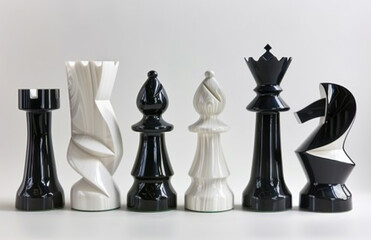 A chess set made of black and white plastic, with the pieces featuring large shapes in black or...