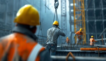 Fototapeta premium Construction Crane Lifting Steel Framework at High-Rise Building Site with Workers Securing Beams