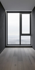 Fototapeta premium Large window in an empty apartment room in dark tone, with no furniture and copy space. Minimalist interiors design composition for Real Estate advertising.