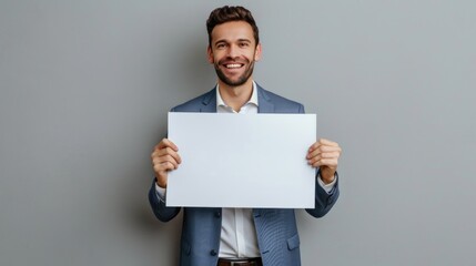 The man is holding a white paper in his hand